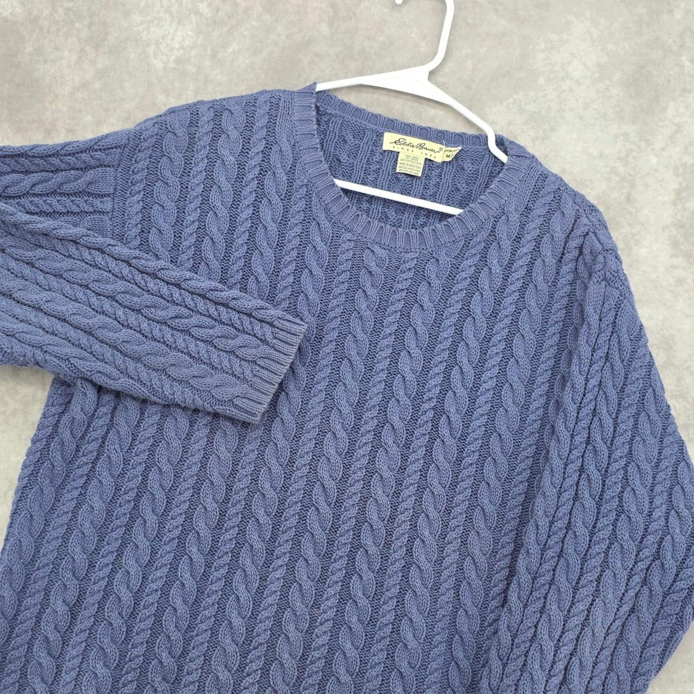 Vtg‎ Eddie Bauer Cable Knit Sweater Womens Medium Blue 100% Cotton Crew Neck
